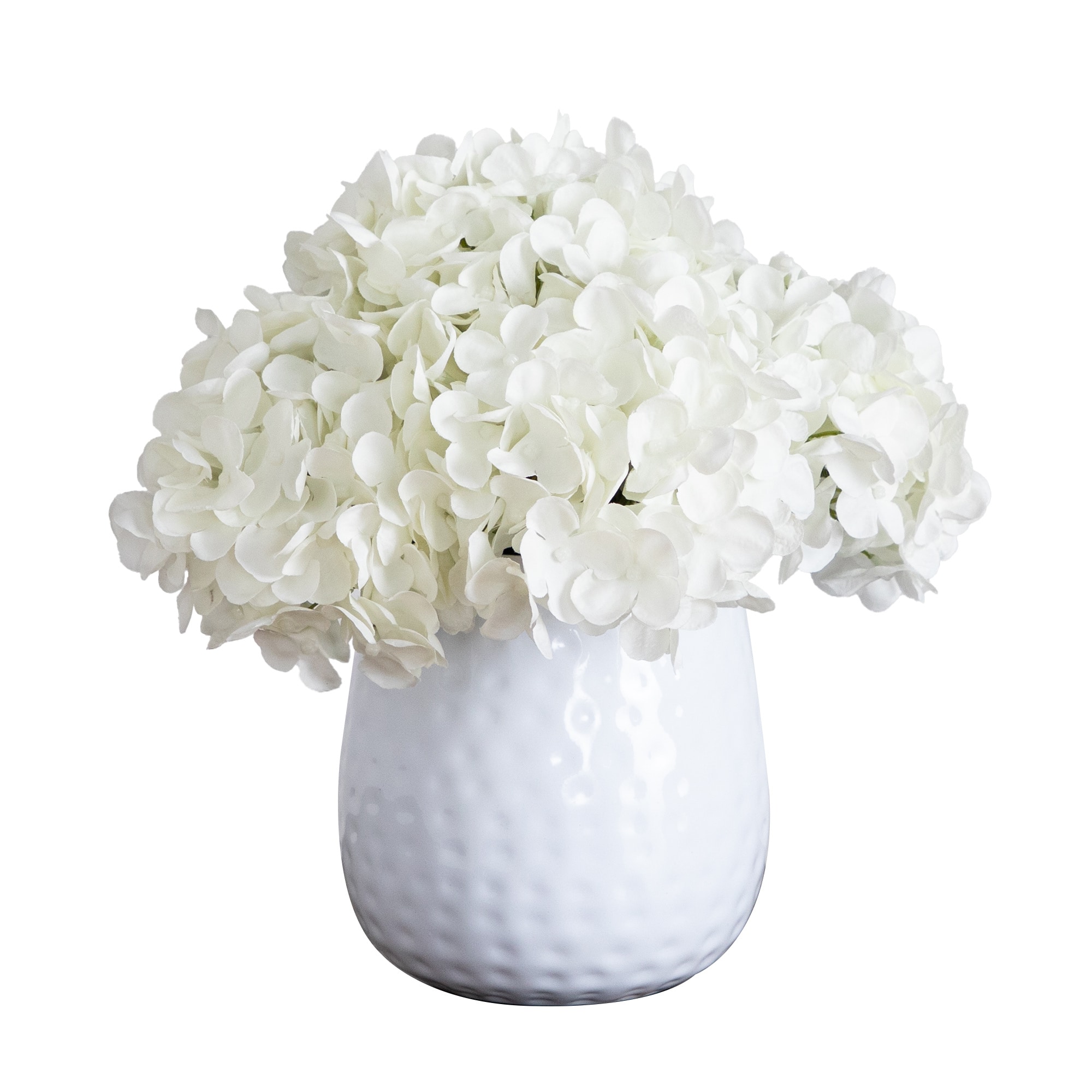 11" White Hydrangea Arrangement in White Metal Vase